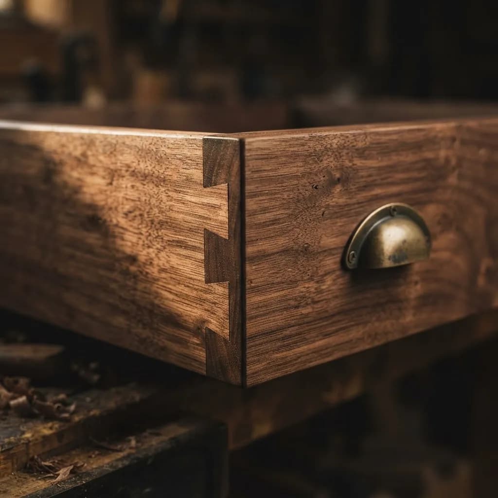 Dovetail joinery detail on a walnut drawer